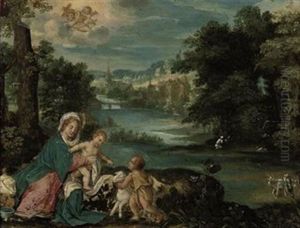 A River Wooded Landscape With The Madonna And Child With The Infant Saint John The Baptist, A Village Beyond (follower Of Hans Rottenhammer) by Ippolito Scarsella (see Scarsellino)