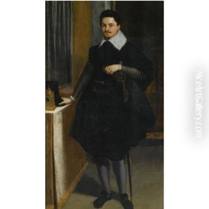 Portrait Of A Gentleman, Standing Beside A Table With A Clock