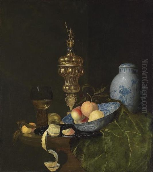 Still Life With A 
Roemer
, A Silver-gilt Columbine Cup, A Jar, A Porcelain Dish With An Orange And Peaches, A Bread Roll, And A Peeled Lemon, On A Table - view 1