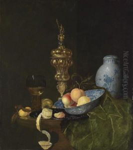 Still Life With A 
Roemer
, A Silver-gilt Columbine Cup, A Jar, A Porcelain Dish With An Orange And Peaches, A Bread Roll, And A Peeled Lemon, On A Table