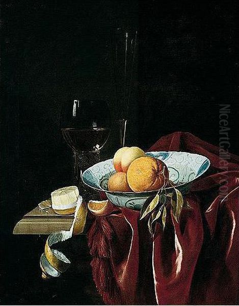 Still Life Of Oranges And A Peach In A Blue And White Porcelain Bowl, Together With A Peeled Lemon, A Roemer And A Venetian Wine Glass, Upon A Table Top Partly Draped With A Purple Cloth - view 1