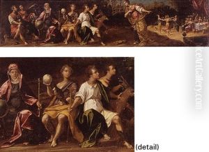 Allegorical Figures Of Fidelity, Abundance, Fame And Vanity With A Banquet Beyond by Ippolito Scarsella (see Scarsellino)