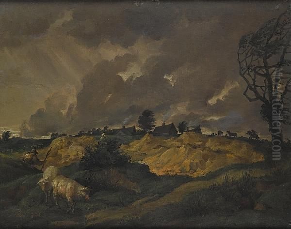 A Shepherd With Two Sheep In An Open Landscape - view 1