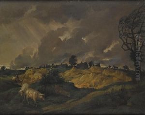 A Shepherd With Two Sheep In An Open Landscape by Peter Francis Bourgeois