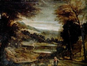A Wooded Landscape With The Return From Egypt, A Sailing Boat On A Lake Beyond by Ippolito Scarsella (see Scarsellino)
