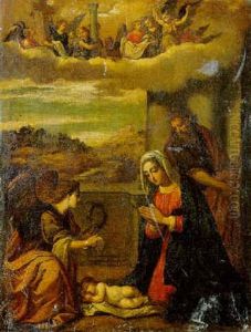 The Holy Family With Angels Holding The Instruments Of Passion by Ippolito Scarsella (see Scarsellino)