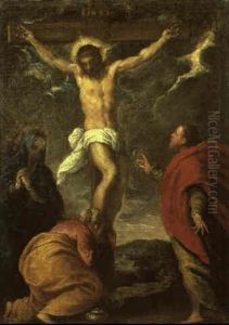 Crucifixion With Grieving Virgin, Mary Magdalen And St. John The Evangelist by Ippolito Scarsella (see Scarsellino)
