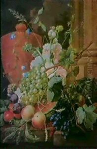 A Still Life Of Assorted Fruit Including Grapes, Peaches, Plums And A Melon On A Stone Ledge... by Cornelis Johannes Schaalje