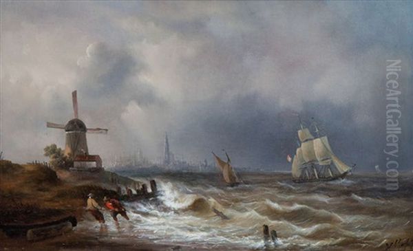 Gezicht Op De Schelde Met In De Verte De Stad Antwerpen, Links Een Molen, Centraal Een Hollands Schip En Sloep, Twee Figuren Op De Voorgrond - view 1