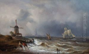 Gezicht Op De Schelde Met In De Verte De Stad Antwerpen, Links Een Molen, Centraal Een Hollands Schip En Sloep, Twee Figuren Op De Voorgrond