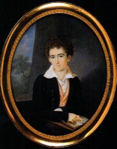 A Young Boy Called Peter Markus Koch Bembier, Seated, In Dark Blue Coat, Orange And White Striped Waiscoat