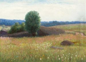 Bluhende Fruhlingswiese Mit Riesigem Stein Und Baum In Der Mitte by Karl Martin Schade