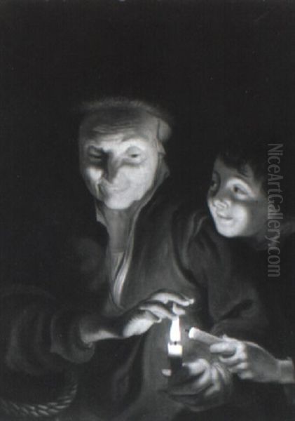 An Old Woman And Young Boy Lighting Candles - view 1
