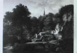 Monche Vor Einer Berglause, Im Hintergrund Turmspitze Einer Wallfahrtskirche