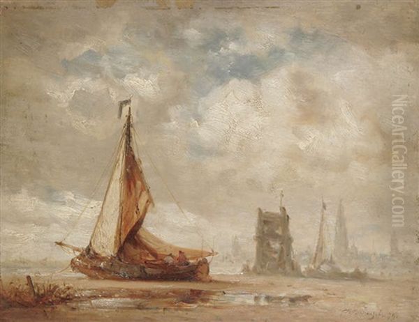 Vue D'anvers De La Rive Gauche Avec Un Bateau De Peche A Maree Basse - view 1