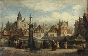 Market Scene In A Belgian Town, Presumably Antwerp