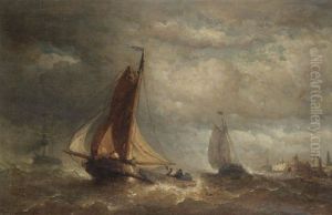 Voiliers Devant La Cote Par Temps Orageux Avec Port Hollandais A L'arriere-plan by Hendrik Frans (Henri) Schaefels
