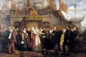 Koningin Elisabeth Van Engeland Verheft De Engelse Admiraal Francis Drake (1540-1595) In De Adelstand by Hendrik Frans (Henri) Schaefels