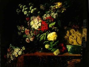 Roses, Lilacs, Peonies, Irises And Other Flowers, With Grapes On The Draped Table In An Interior by Lucas Schaefels