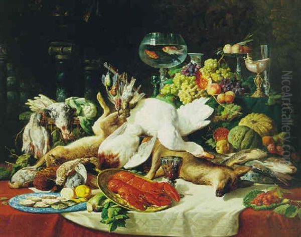 A Still Life With Fruit, Fish Game And A Goldfish Bowl - view 1