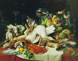 A Still Life With Fruit, Fish Game And A Goldfish Bowl by Lucas Schaefels