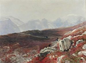 Bluhende Alpenrosen Im Hochgebirge Mit Wanderern by August Schaefer von Wienwald