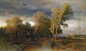 Auenlandschaft Mit Rotwild An Der Wasserstelle