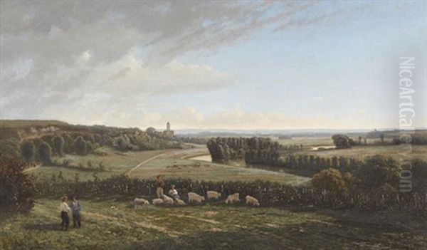 Landschaft Mit Fluss, Dorf Und Figurenstaffage - view 1