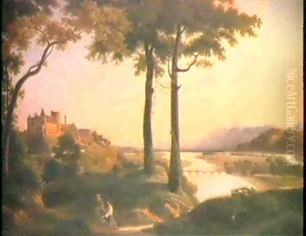 Breites Flusstal Mit Schloss Und Schneebergen - view 1