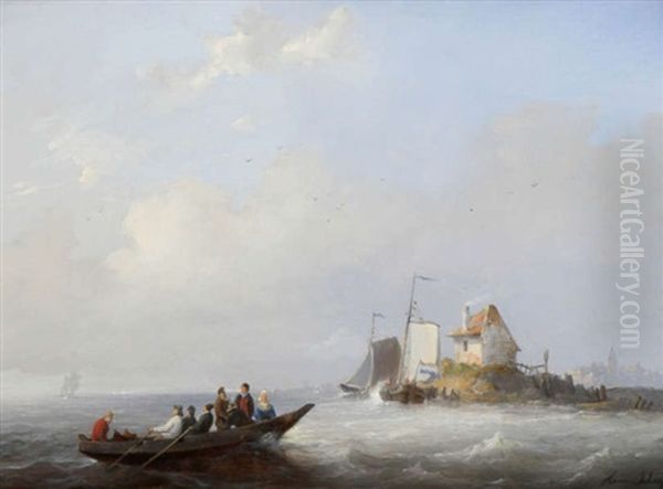 Marine Avec Personnages Dans Un Bateau Et Village A L"arriere-plan - view 1