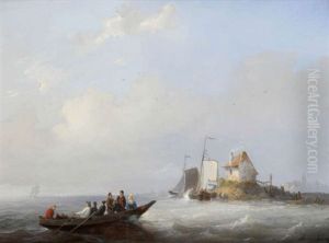 Marine Avec Personnages Dans Un Bateau Et Village A L"arriere-plan by Henri Adolphe Schaep