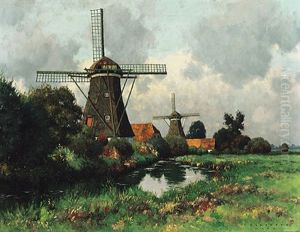 Landschaft Mit Bach Und Windmuhlen An Einem Sonnigen Fruhlingstag