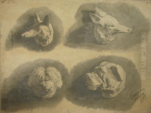 Lot De 2 Etudes De Tetes De Chiens - view 1