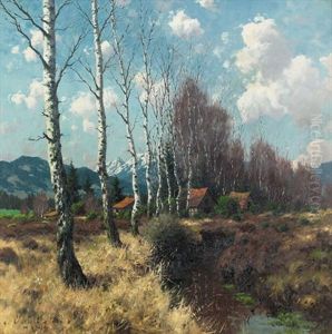 Landschaft Mit Bachlauf Und Birken In Den Voralpen by Karl Schaette