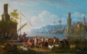 Turkische Kaufleute In Einem Mediterranen Hafen, Im Hintergrund Ankernde Schiffe by Johann Baptist Schaetzel