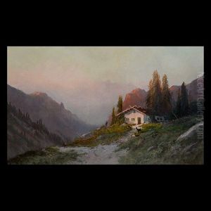 Extensive Mountain Landscape With Alpine Home And Figures by Frederick Ferdinand Schafer