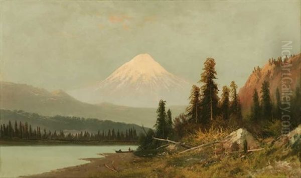 Indians And Canoe At Lake Edge (mt. Hood?) - view 1