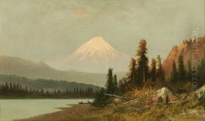 Indians And Canoe At Lake Edge (mt. Hood?)