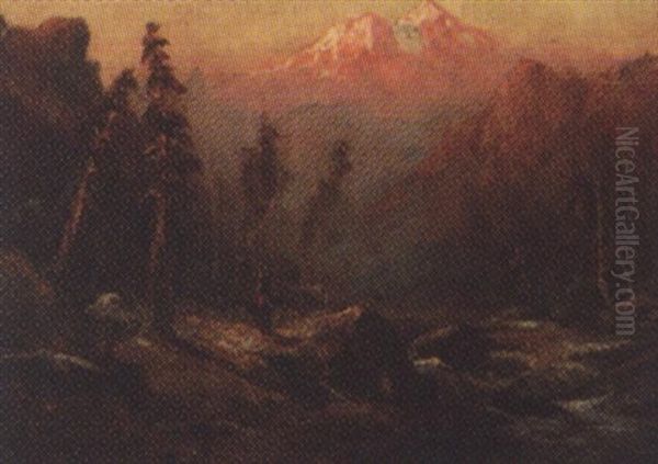 Horse And Rider In Panoramic River Landscape - Mt. Shasta In Distance - view 1