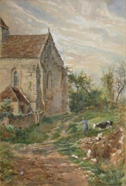 Paysanne Et Sa Vache Derriere L'eglise - view 1
