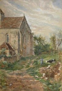 Paysanne Et Sa Vache Derriere L'eglise