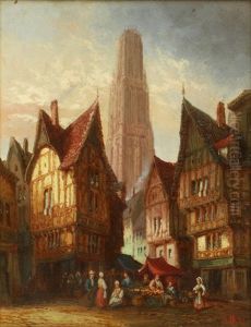 Figures In A Market Place With A Cathedral In The Distance; And Companion 2 by Henry Schafer