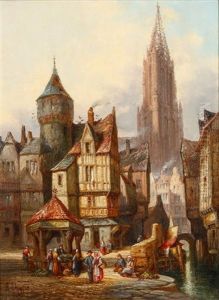 Corner Of Old Antwerp And Vegetable Stall By A Canal In Freiberg, Baden (pair) Corner Of Old Antwerp And Vegetable Stall By A Canal In Freiberg, Baden (pair)