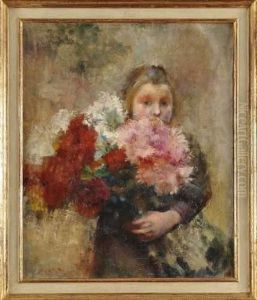 Jeune Fille Au Bouquet De Fleurs by Claude Charles Bourgonnier