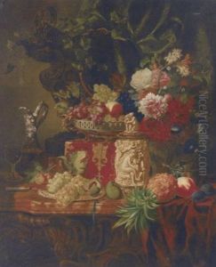 A Cornucopia Of Fruit, Flowers, An Ivory Casket And A Flask Of Wine On A Table A Cornucopia Of Fruit, Flowers, An Ivory Casket And A Flask Of Wine On A Table