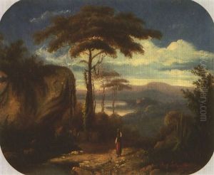 Wassertragerin Vor Sudlicher Landschaft Mit Agaven Und Schirmpinien by August Schaeffer