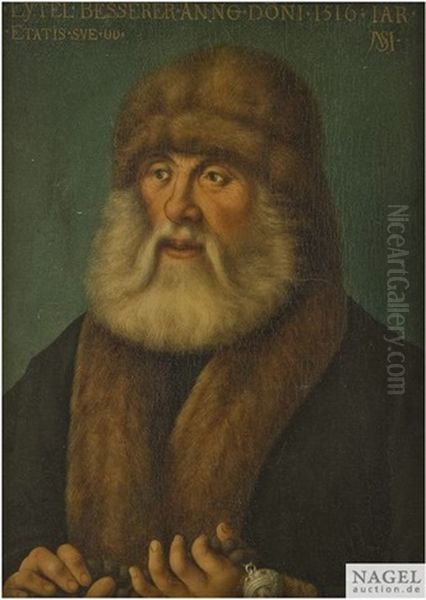 Bildnis Des Ulmer Patriziers Eitel Besserer Zu Rohr (1450-1533) Im Alter Von 66 Jahren. Er Tragt Eine Pelzmutze Und Einen Dunklen Rock Mit Pelzkragen, In Seinen Handen Halt Er Einen Rosenkranz - view 1
