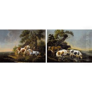 Paar Landschaften Mit Kuhen An Der Tranke Und Mit Pferden