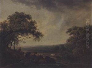 Bewolkte Landschaft Mit Hirte, Kuhen Und Schafen by Johann Jakob Schalch