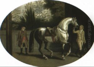 A Riding Master With A Grey Stallion Being Led By A Groom In A Courtyard by Johann Jakob Schalch